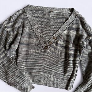 Free People Grey Oversized Slouchy Deep V Sweater Off Shoulder Knit XS